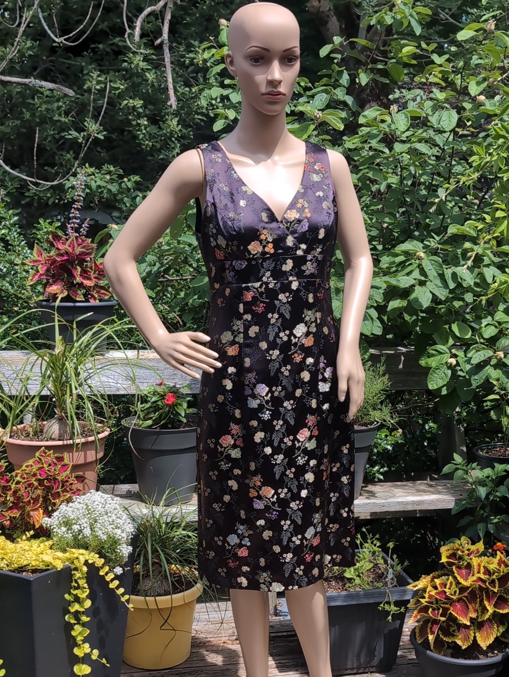 Elegant Satin Floral Midi Dress in Black